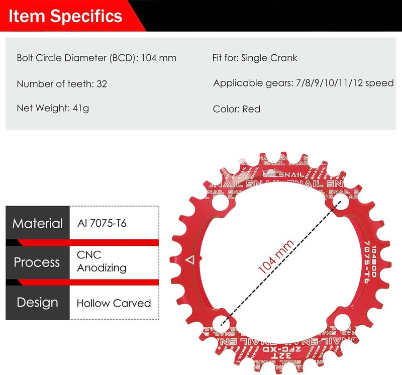 BESNIN Chainring 104 BCD Chainring 30T 32T 34T 36T 38T 40T 42T 44T 46T 48T 50T 52T Narrow Wide Tooth Round Chainring for 7/8/9/10/11/12 Speed MTB BMX Road Bike - Image 2